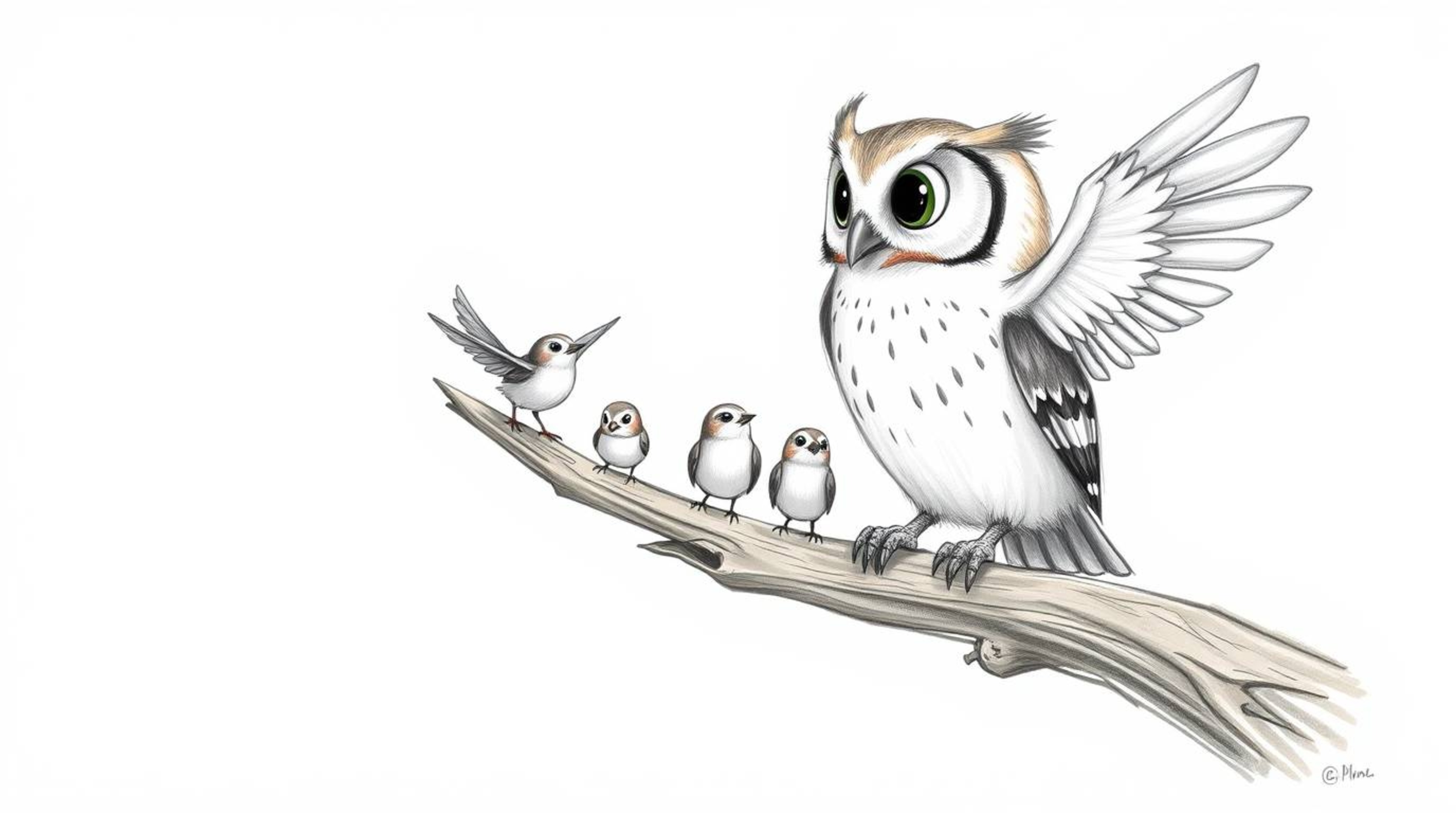 A heartwarming hand-drawn Pixar style sketch depicts a blind owl, with delicately textured pencil strokes, perched on a hollo
