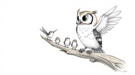A heartwarming hand-drawn Pixar style sketch depicts a blind owl, with delicately textured pencil strokes, perched on a hollo