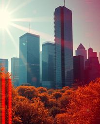 Experience a captivating glitchy digital landscape featuring distorted skyscrapers and static noise.  The warm autumn colors 