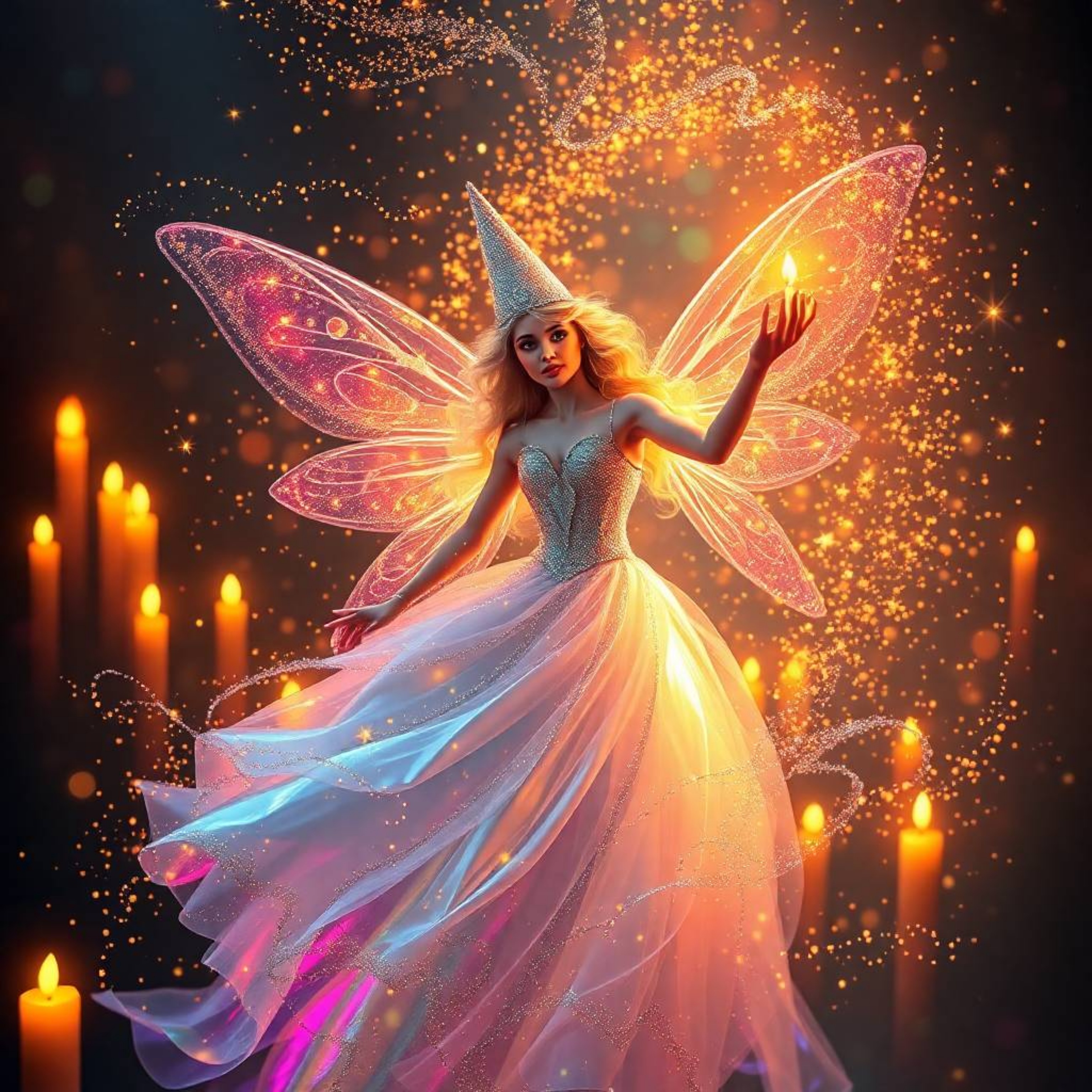 A captivating scene unfolds: a fairy godmother emerges in a swirl of sparkling magic, bathed in warm candlelight. Iridescent