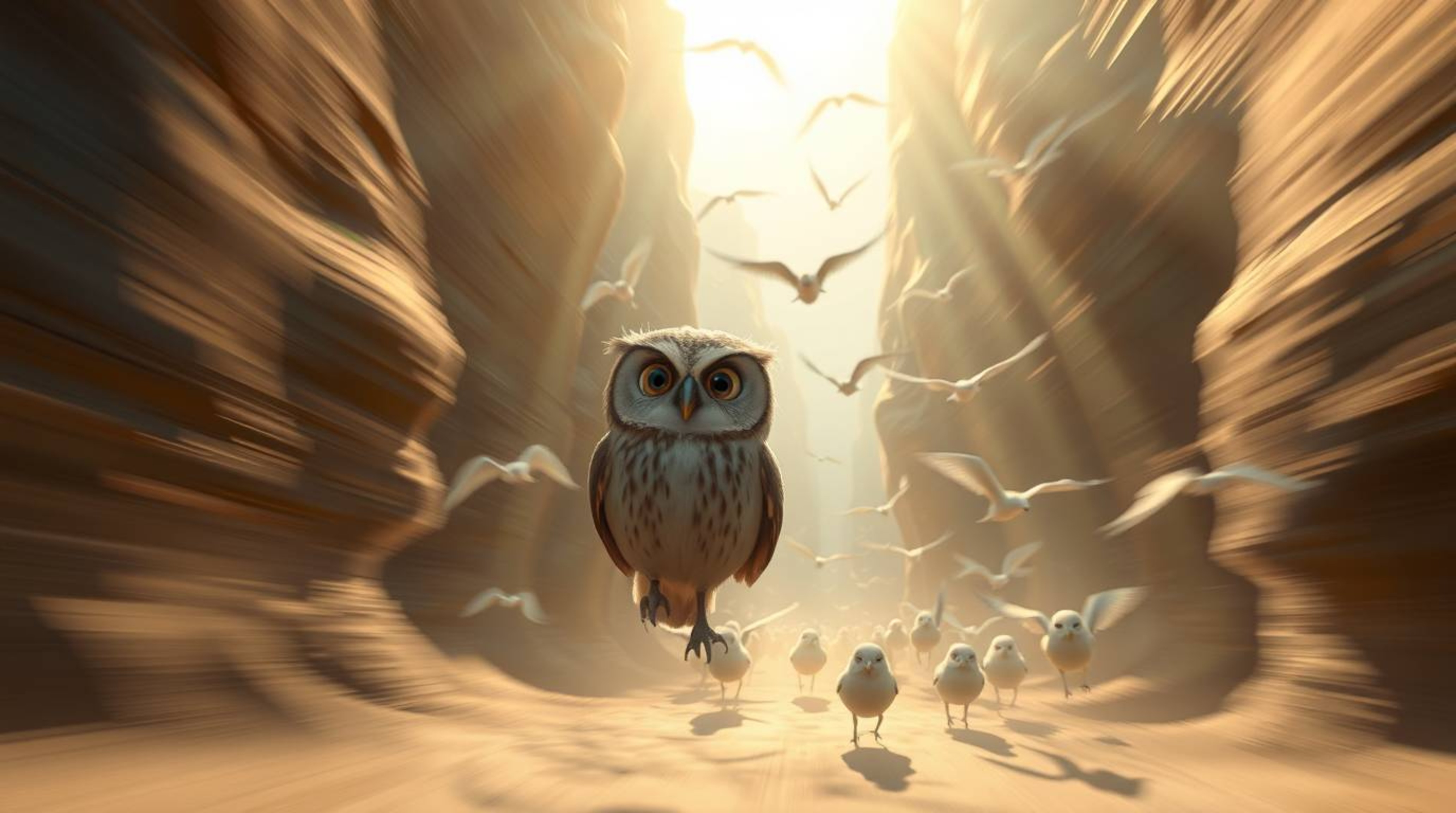 This piece of digital art, rendered in the beloved Pixar style, features a blind owl with a kind expression leading a flock o