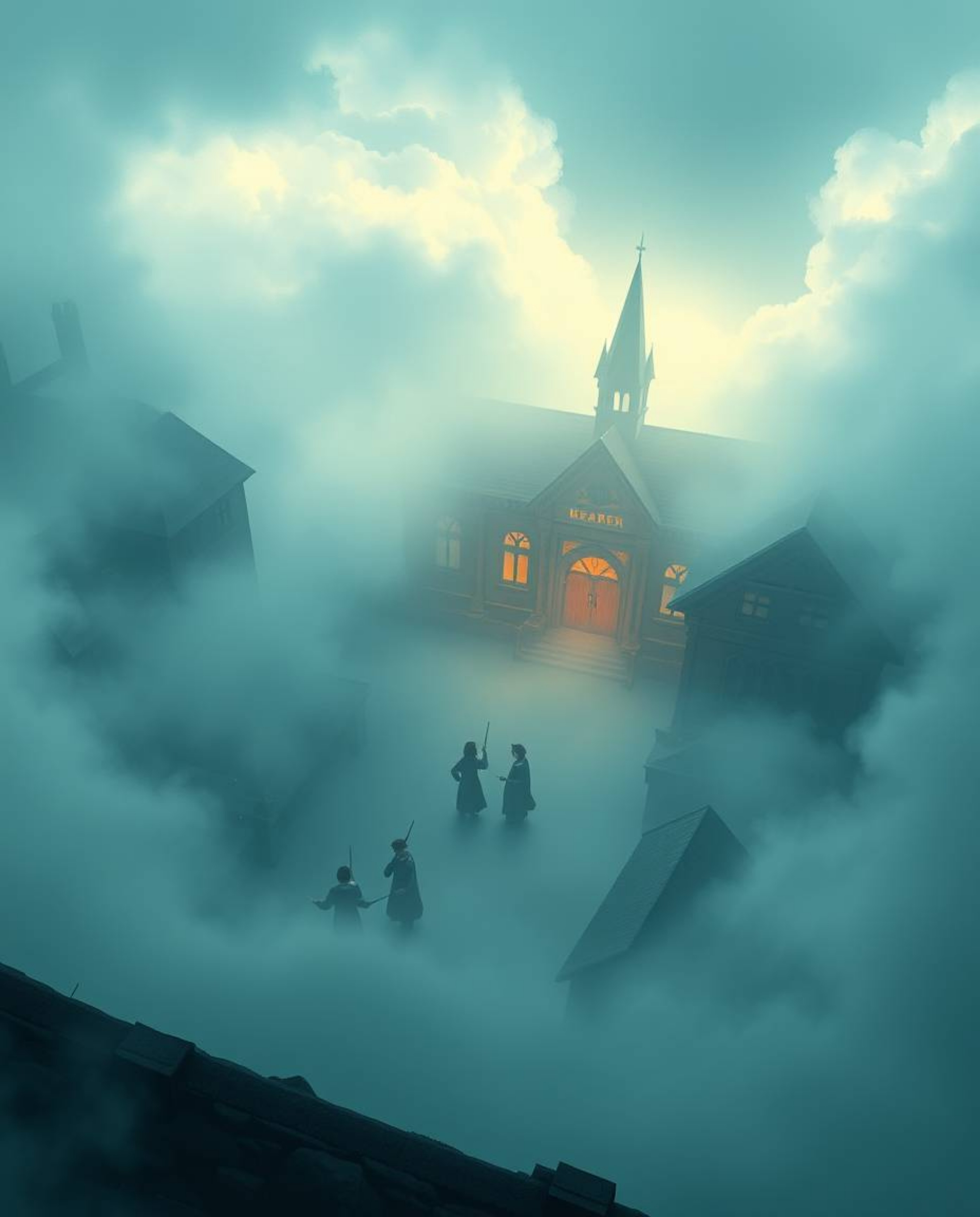 An enchanting high-angle illustration unveils a magical school teeming with young wizards, shrouded in a thick fog that reduc