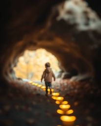 A captivating image showcasing a blurred bokeh effect with warm autumn hues, where a child is following a trail of glowing fo