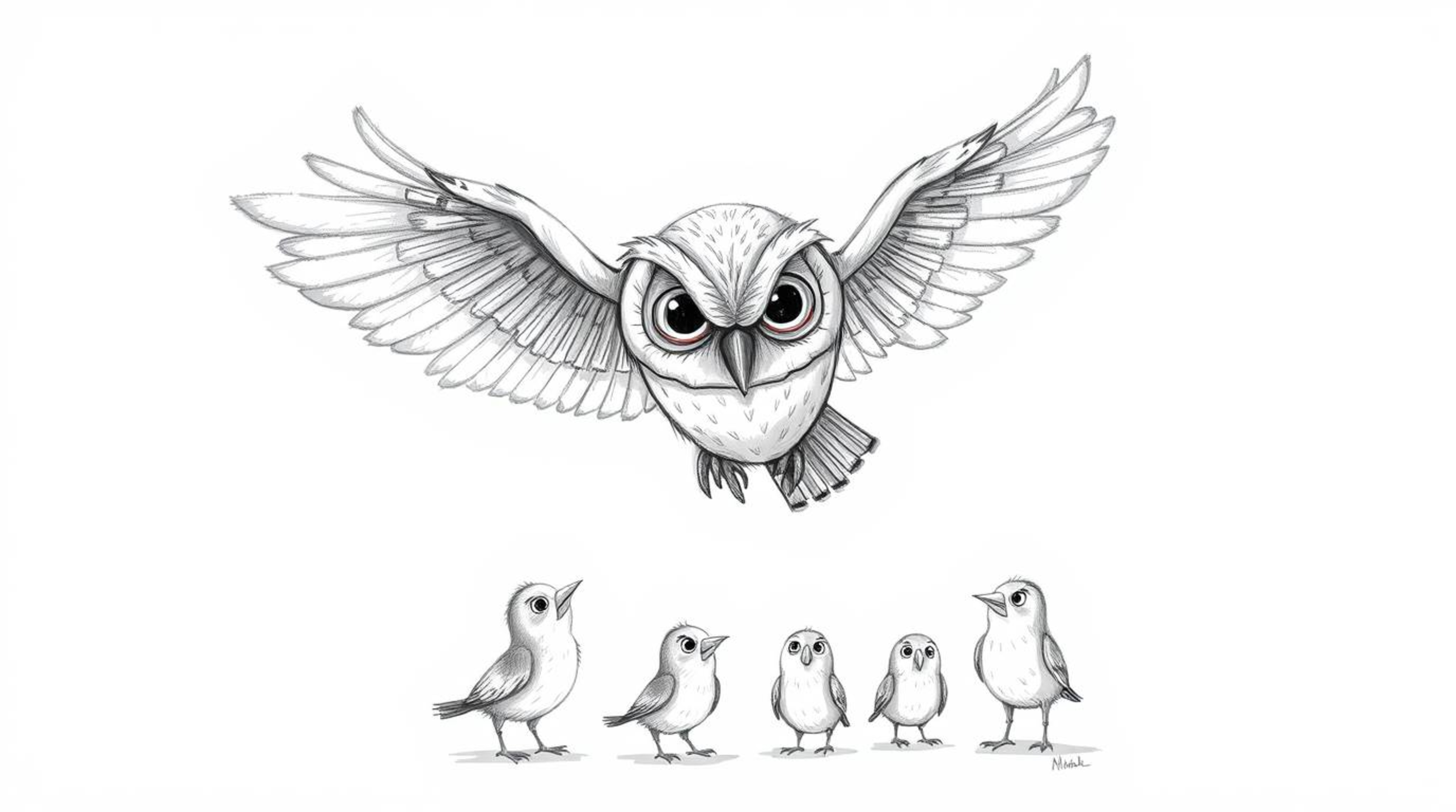 A heartwarming scene depicting a blind owl, rendered in a charming Pixar-esque style with textured pencil strokes, imparts th
