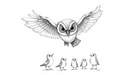 A heartwarming scene depicting a blind owl, rendered in a charming Pixar-esque style with textured pencil strokes, imparts th