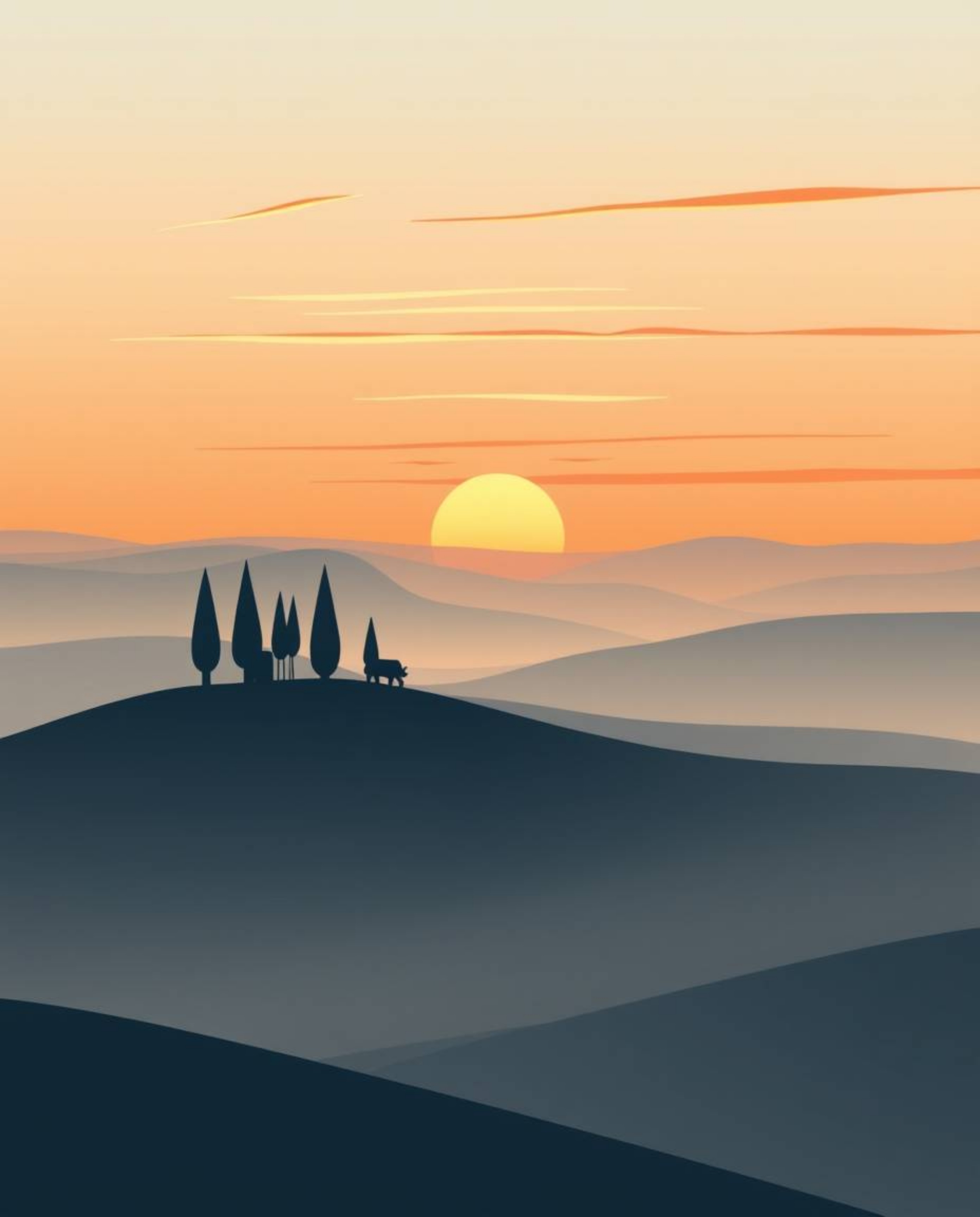 This artwork captures a Tuscan sunset over misty, rolling hills using a modern flat design aesthetic. Characterized by simple