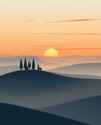 This artwork captures a Tuscan sunset over misty, rolling hills using a modern flat design aesthetic. Characterized by simple