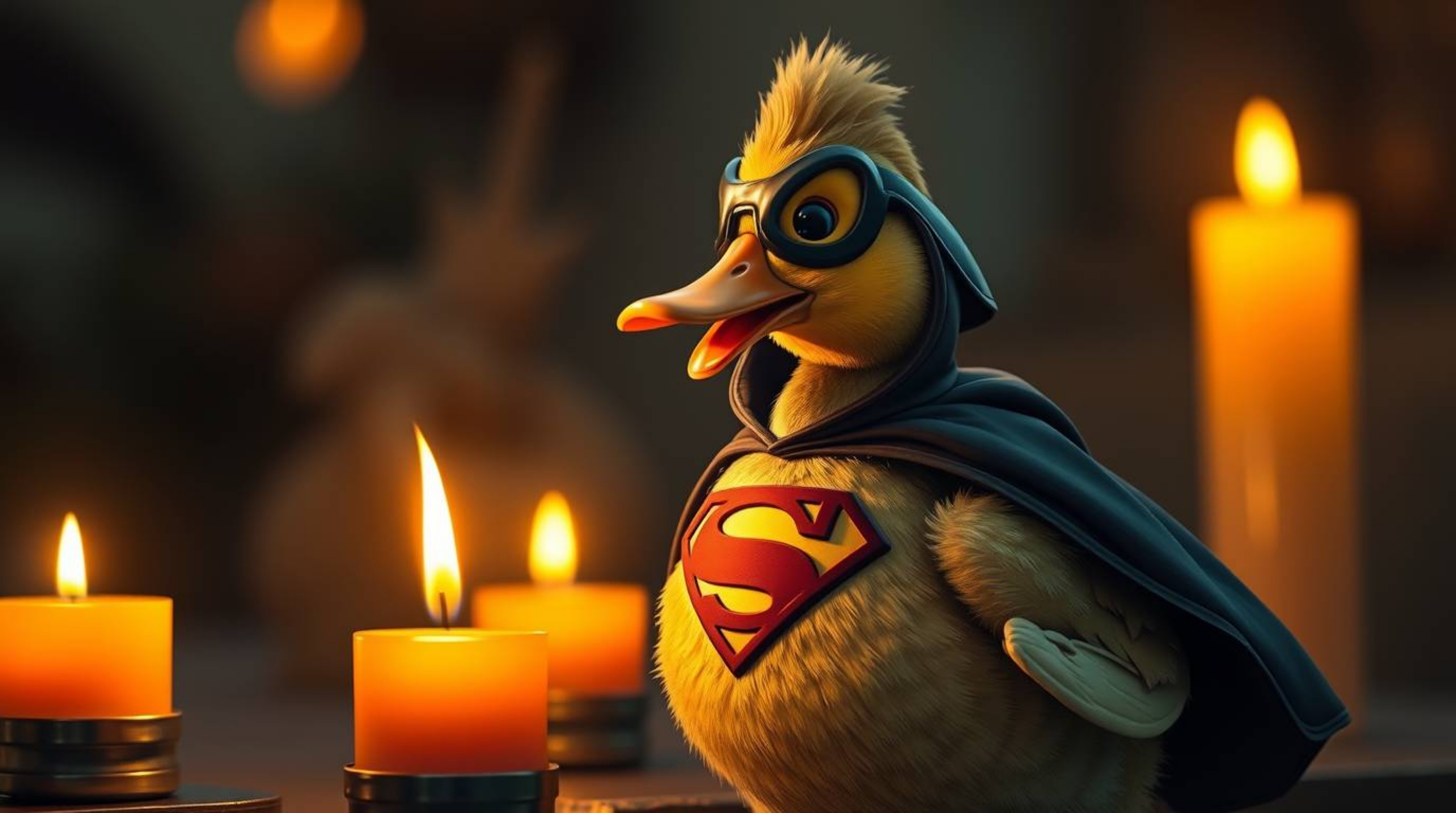 A captivating scene featuring a duck donned in a zany superhero costume, bathed in the warm glow of flickering candlelight. T