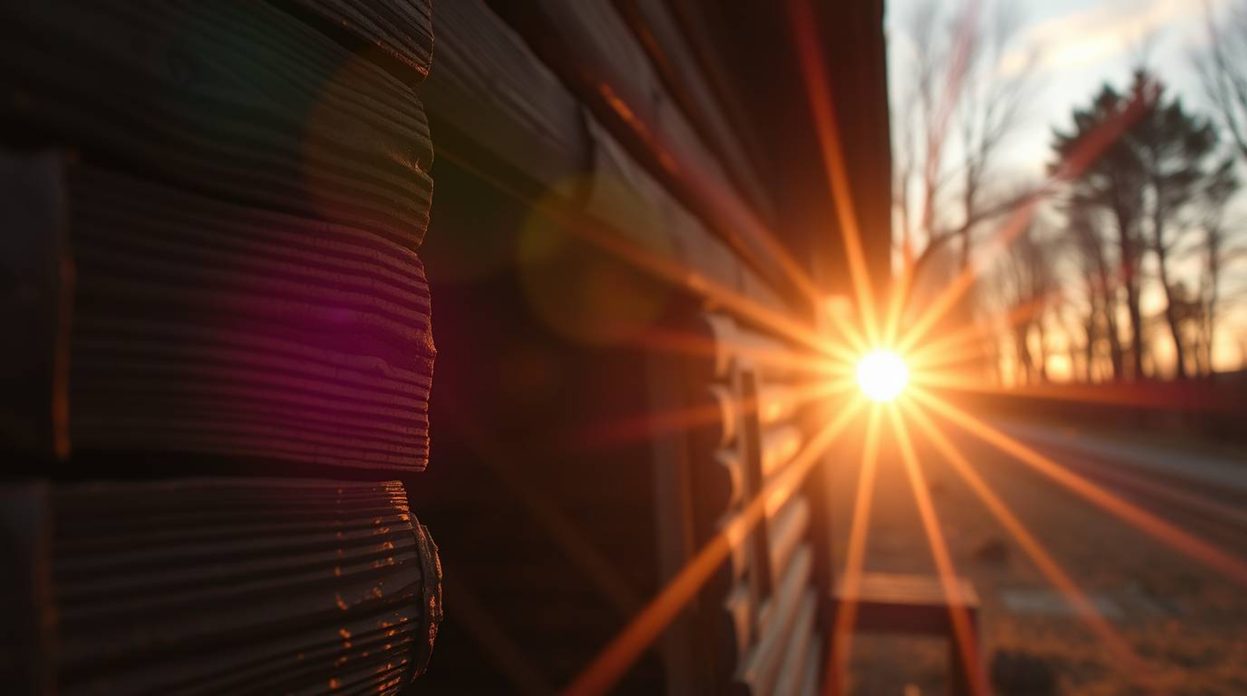 A captivating close-up shot of an old wooden cabin bathed in the warm hues of sunset, showcasing intricate wood grain details