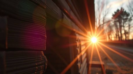A captivating close-up shot of an old wooden cabin bathed in the warm hues of sunset, showcasing intricate wood grain details