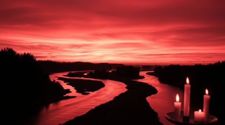 A captivating black and white photograph depicts a winding river glowing under a dramatic orange-pink sunset. Warm candleligh