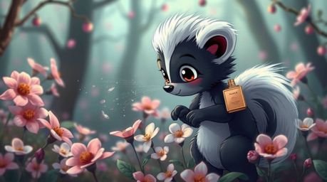 A charming cartoon skunk with expressive eyes delicately sprays perfume onto fragile flowers in a mystic, enchanting setting.