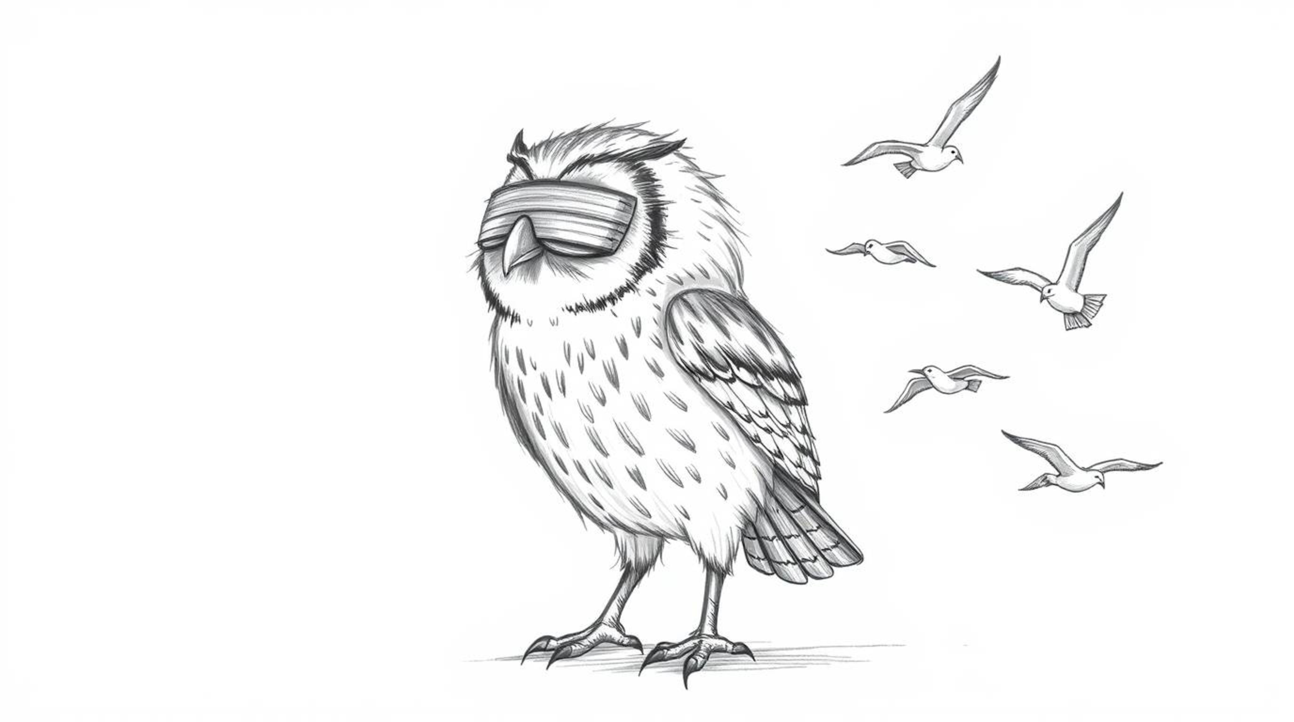A heart-warming image of a blind owl, rendered in a charming Pixar-style hand-drawn sketch with rough textured pencil lines a