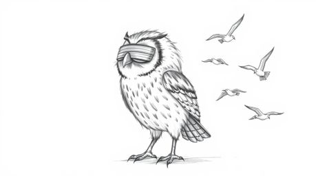 A heart-warming image of a blind owl, rendered in a charming Pixar-style hand-drawn sketch with rough textured pencil lines a
