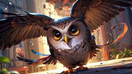 In a heartwarming and imaginative scene, rendered in a beautiful blend of Pixar and anime styles, a wise blind owl takes on t