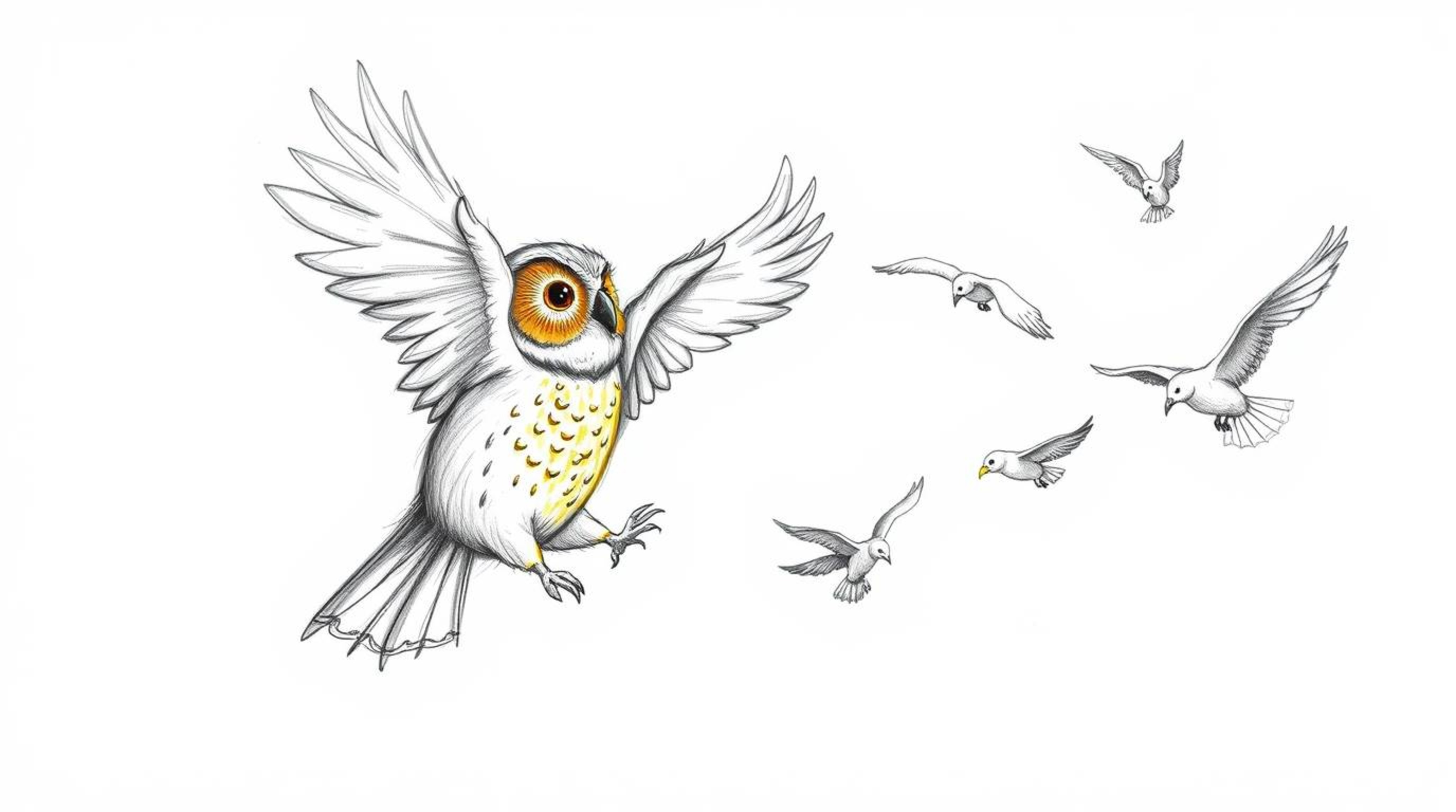 A heartwarming hand-drawn sketch in the style of Pixar depicts a blind owl with feathers glowing in the sunlight, passionatel