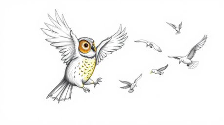 A heartwarming hand-drawn sketch in the style of Pixar depicts a blind owl with feathers glowing in the sunlight, passionatel