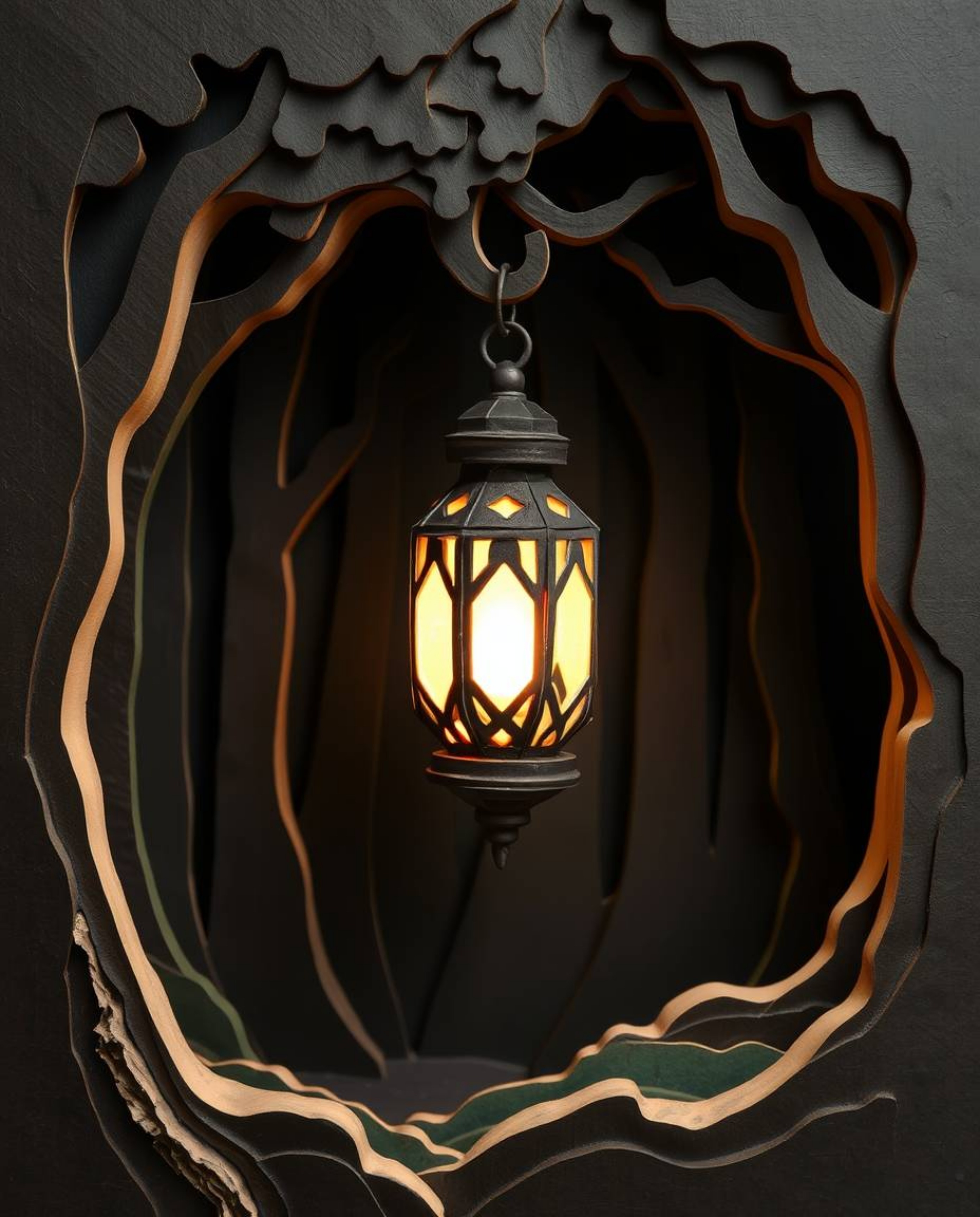 Discover a captivating image of a distinct split layered papier-mâché lantern glowing mysteriously in a dark forest.  The art