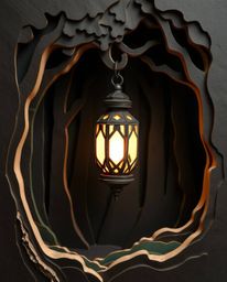 Discover a captivating image of a distinct split layered papier-mâché lantern glowing mysteriously in a dark forest.  The art