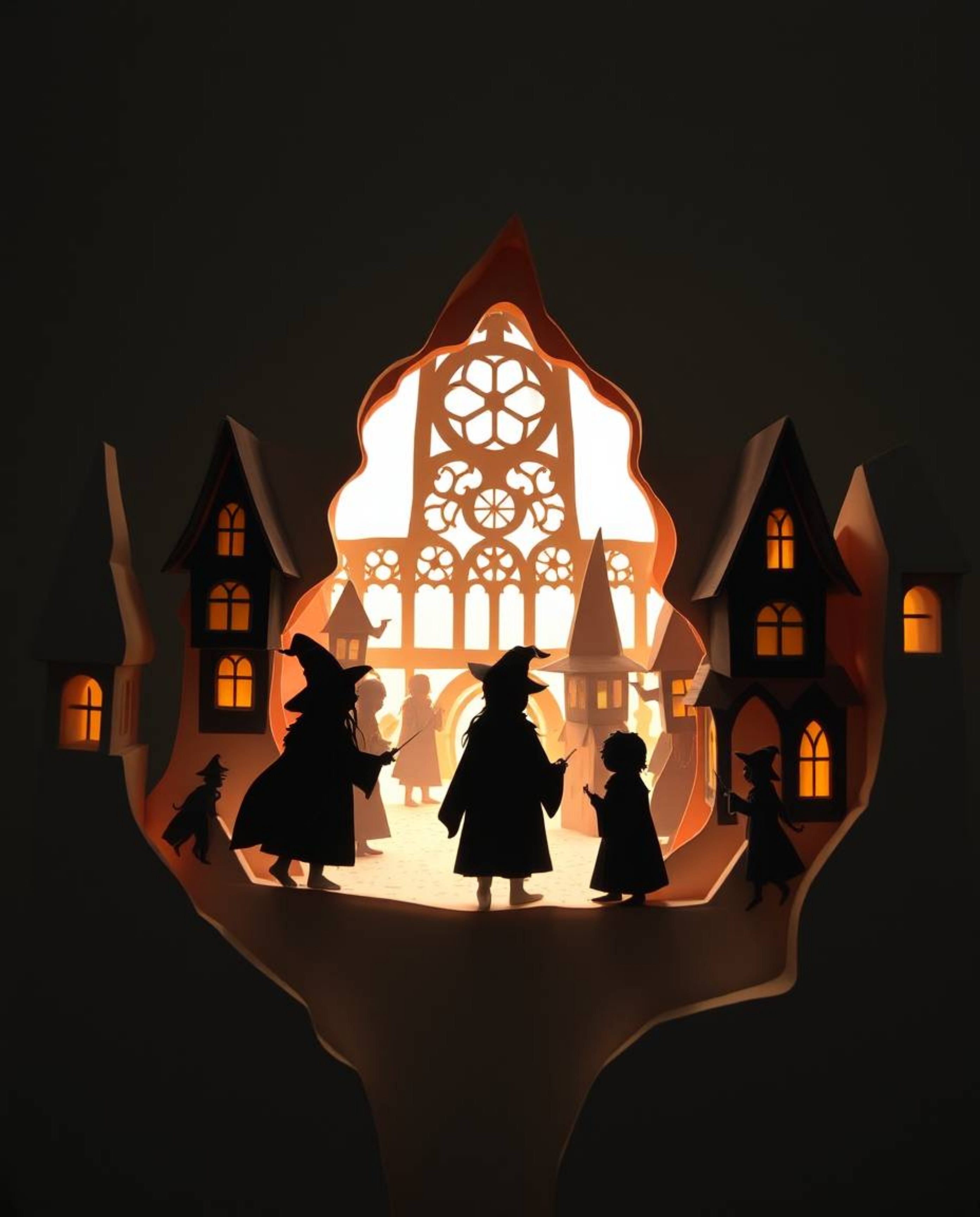 Explore a mesmerizing layered papier-mâché sculpture depicting a magical school brimming with young wizards. The silhouetted 