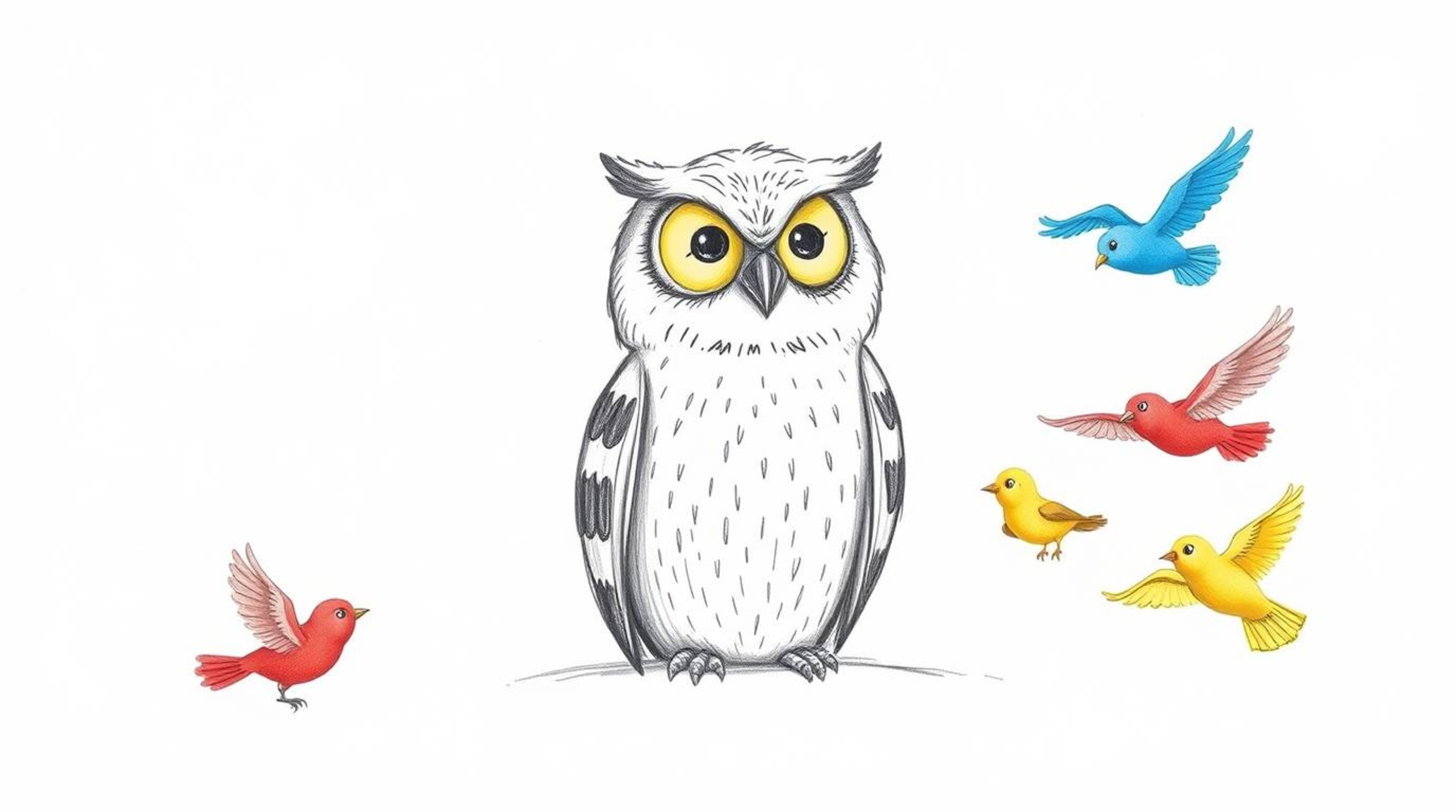 A captivating hand-drawn sketch featuring a blind owl, rendered in a Pixar-like style, exhibiting quiet wisdom as young, vibr