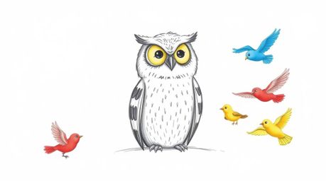A captivating hand-drawn sketch featuring a blind owl, rendered in a Pixar-like style, exhibiting quiet wisdom as young, vibr