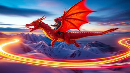 Witness a breathtaking scene: a dragon and its rider soaring above majestic icy mountains, captured in a vibrant and energeti