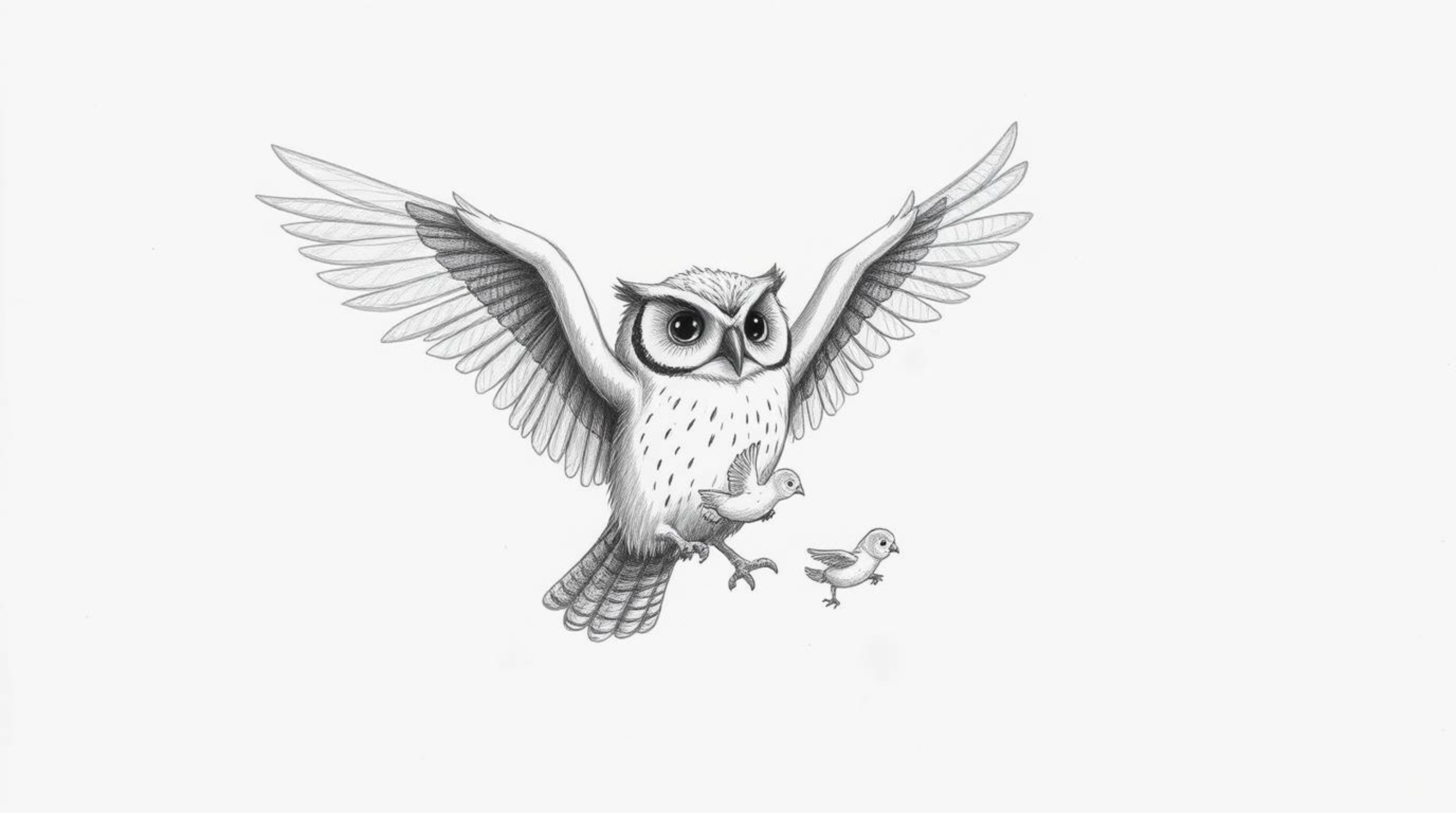 A heart-warming Pixar-style hand-drawn sketch depicting a blind owl with a kind expression, its wings slightly outstretched. 