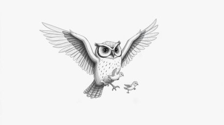 A heart-warming Pixar-style hand-drawn sketch depicting a blind owl with a kind expression, its wings slightly outstretched. 