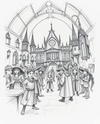 Explore a hand-drawn sketch of a magical school teeming with young wizards, brought to life with intense dramatic lighting an