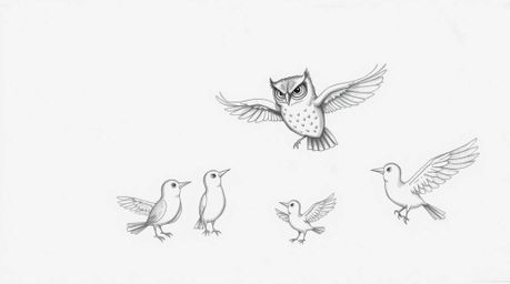 A whimsical Pixar-style hand-drawn sketch features a wise, blind owl patiently guiding a group of birds in the art of flight.
