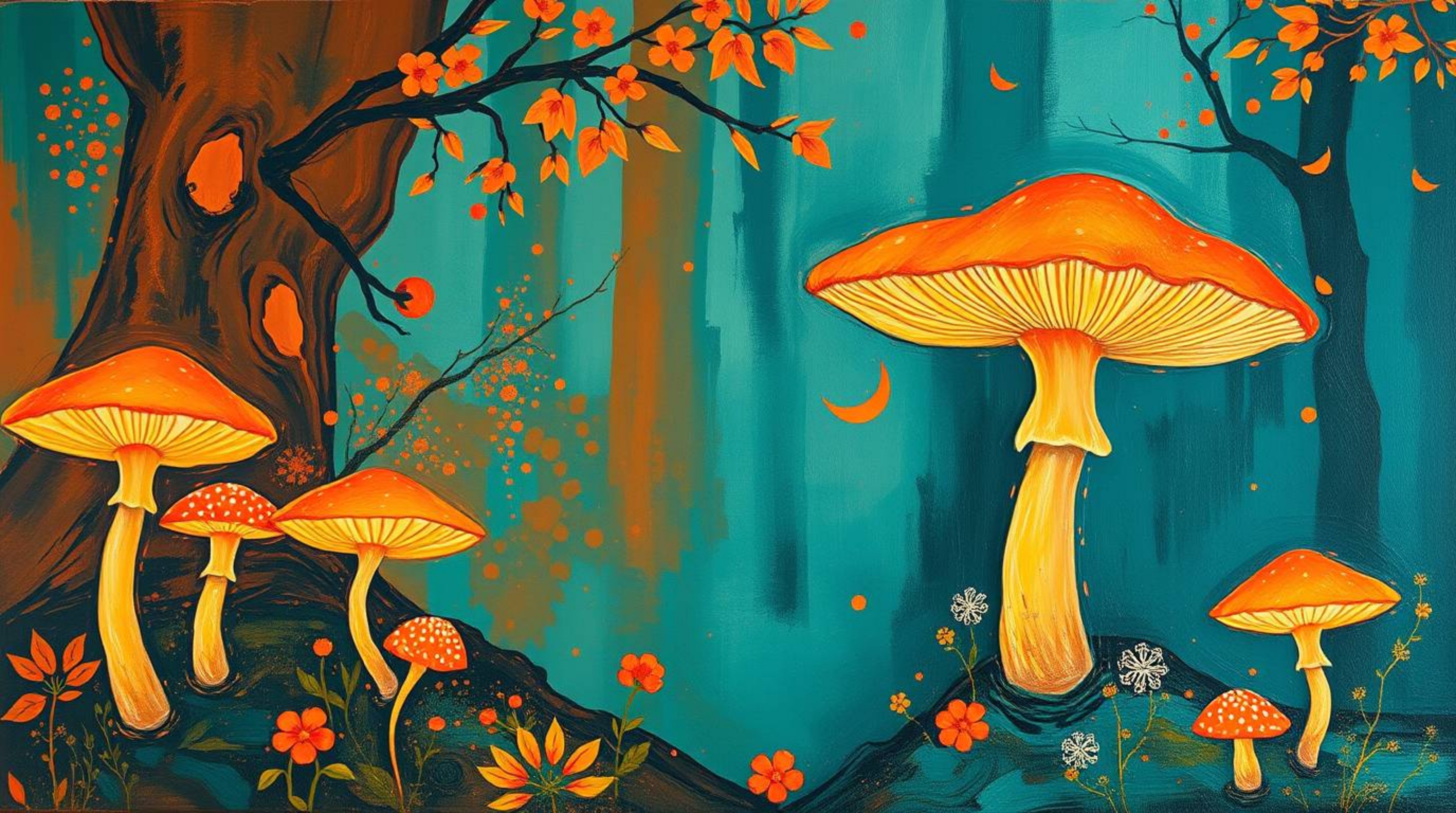 Explore a vintage-style enchanted forest brought to life with warm terracotta and cool teal hues. This bold acrylic painting 