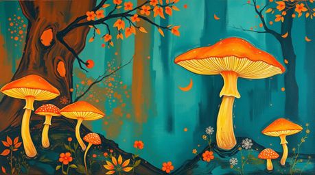 Explore a vintage-style enchanted forest brought to life with warm terracotta and cool teal hues. This bold acrylic painting 