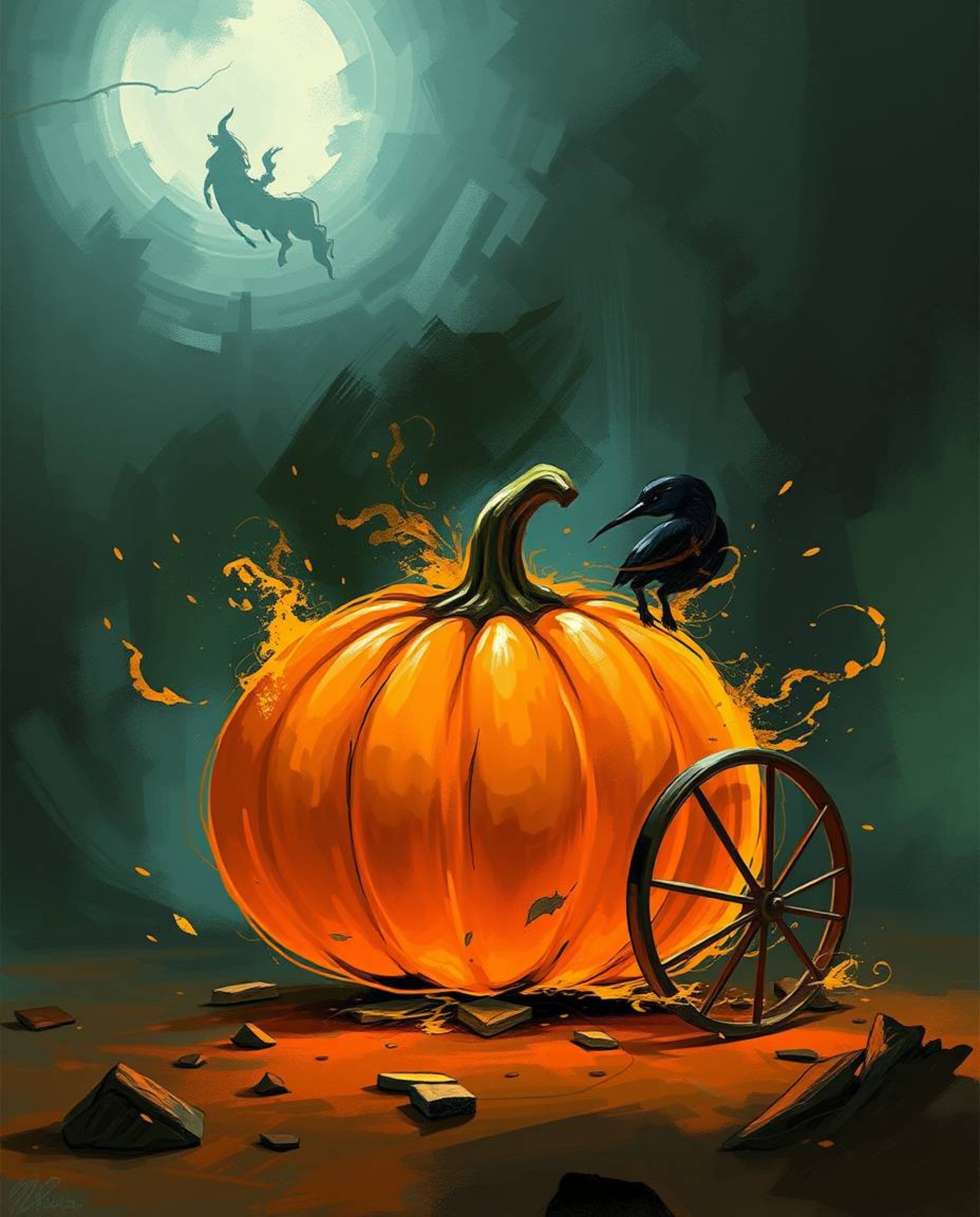 A dynamic digital sketch depicts a magical pumpkin transforming into a carriage.  Loose painterly strokes, rich textures, and