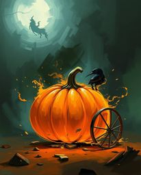 A dynamic digital sketch depicts a magical pumpkin transforming into a carriage. Loose painterly strokes, rich textures, and