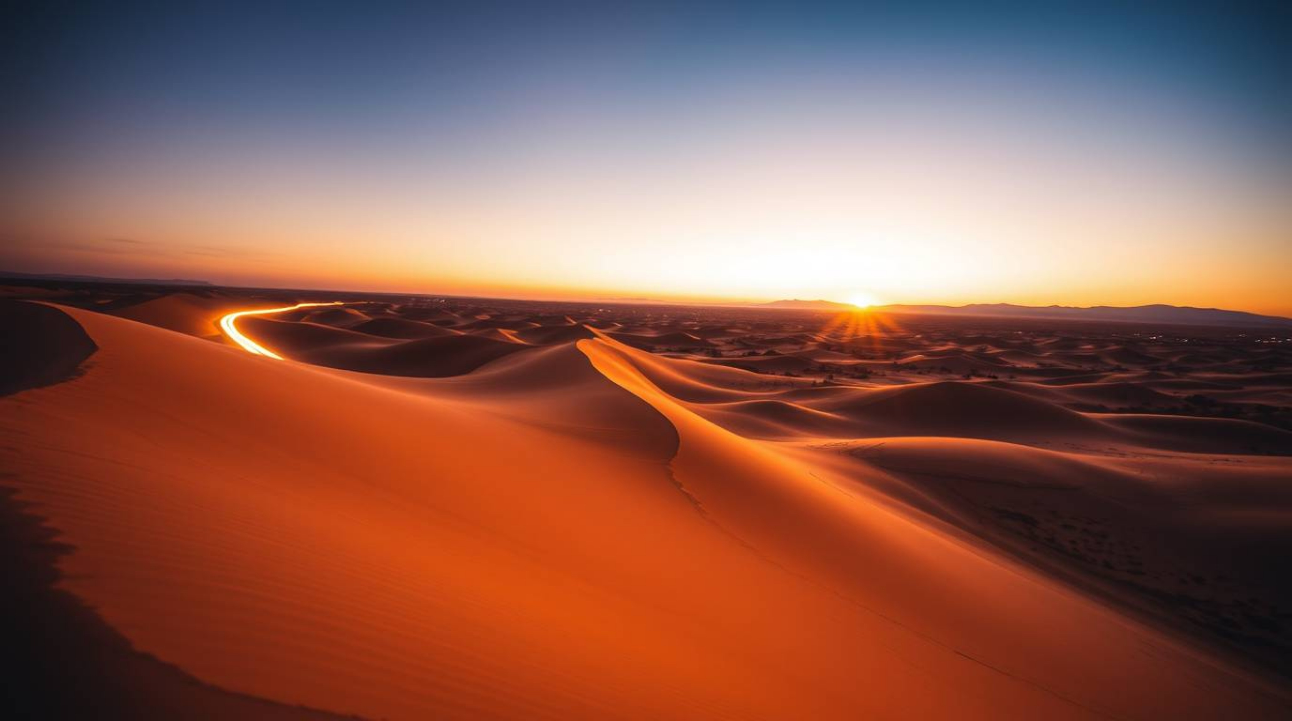 Experience the breathtaking beauty of a high-angle, long-exposure photograph capturing a vibrant sunset over golden desert du