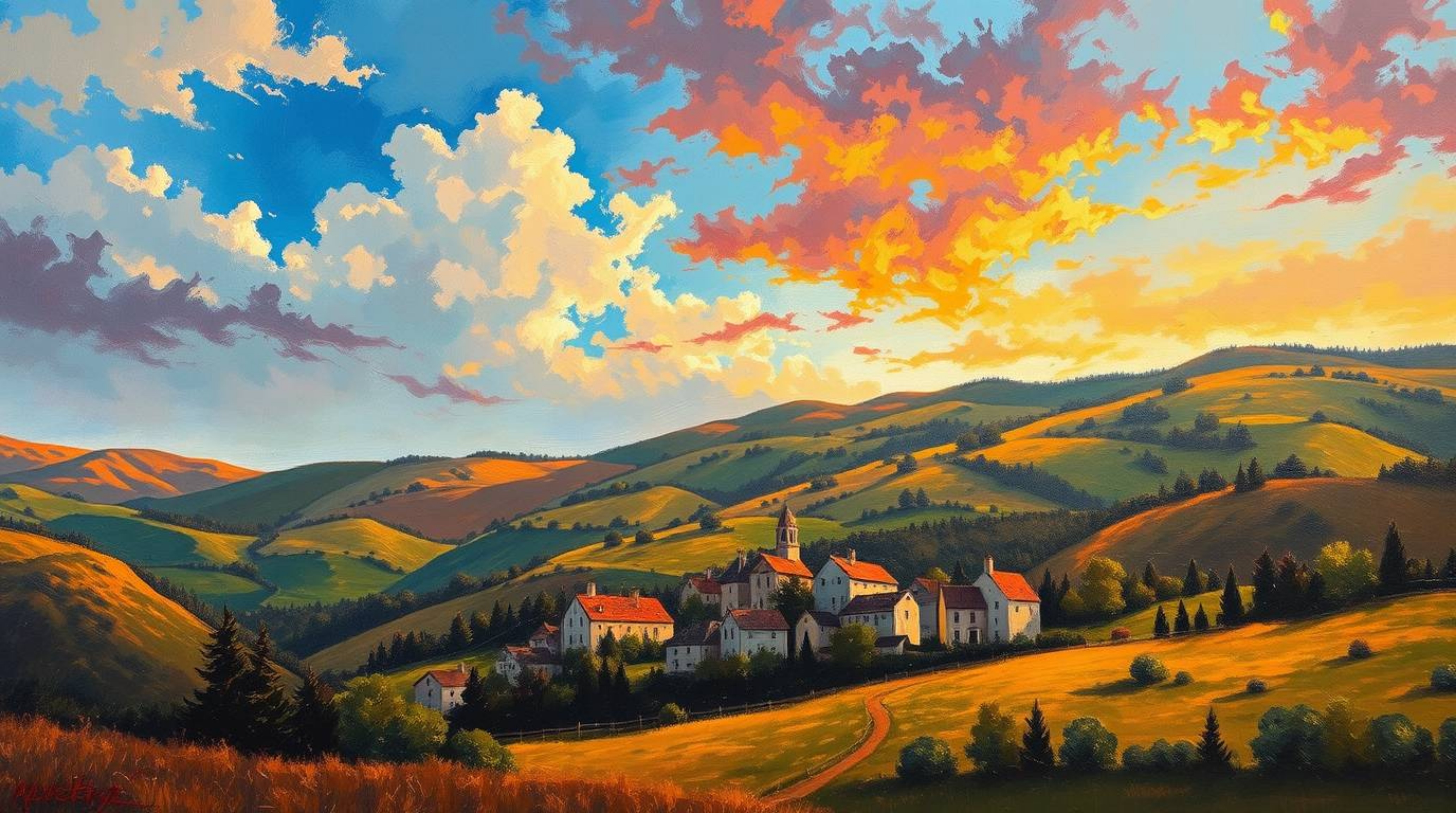 A captivating oil painting showcases a charming village nestled in a picturesque valley, bathed in the warm glow of a colorfu