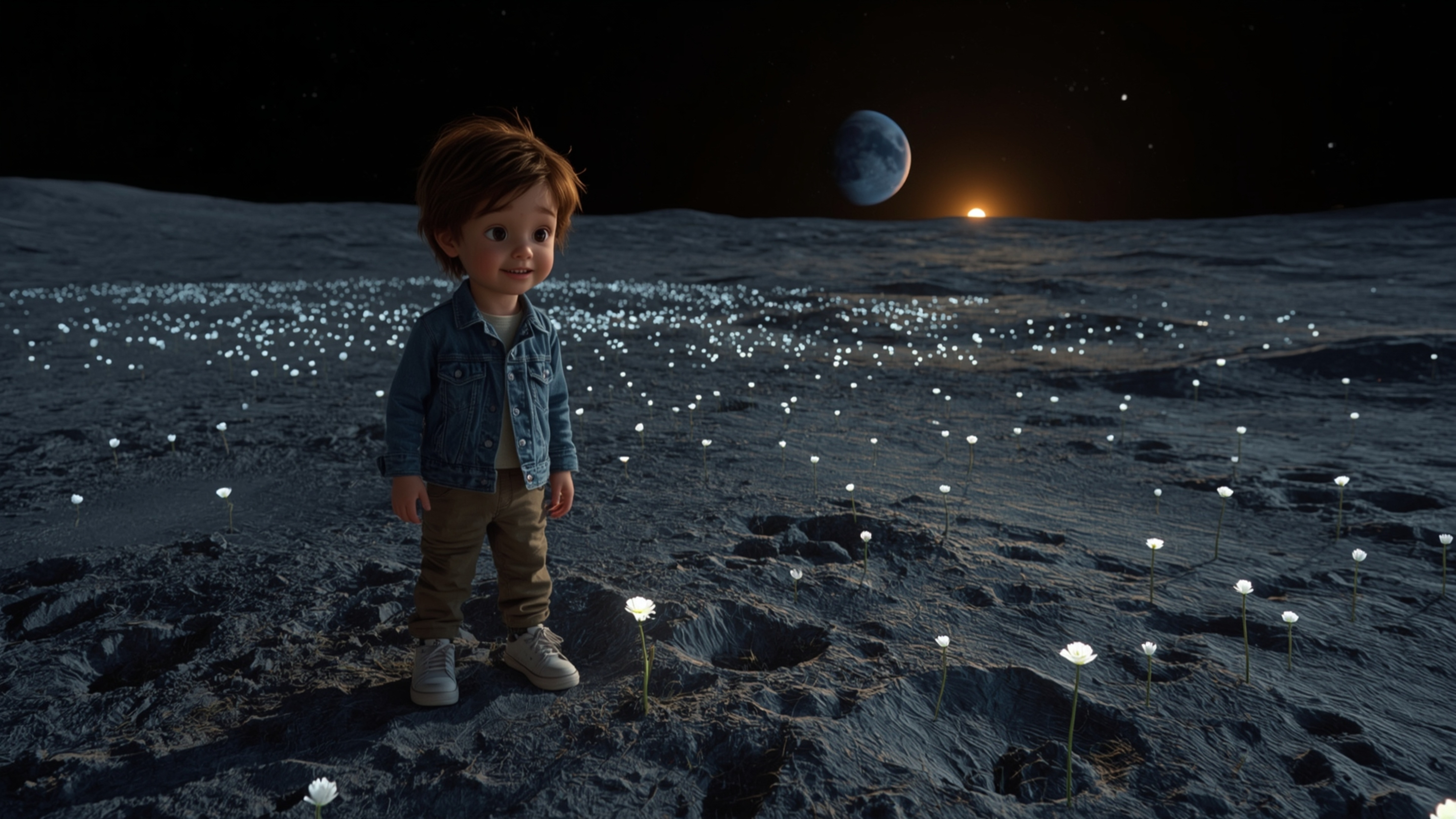 Step into a heartwarming, cinematic scene reminiscent of Pixar's magic. A curious, freckled-faced kid with a beaming smile st