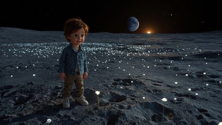 Step into a heartwarming, cinematic scene reminiscent of Pixar's magic. A curious, freckled-faced kid with a beaming smile st