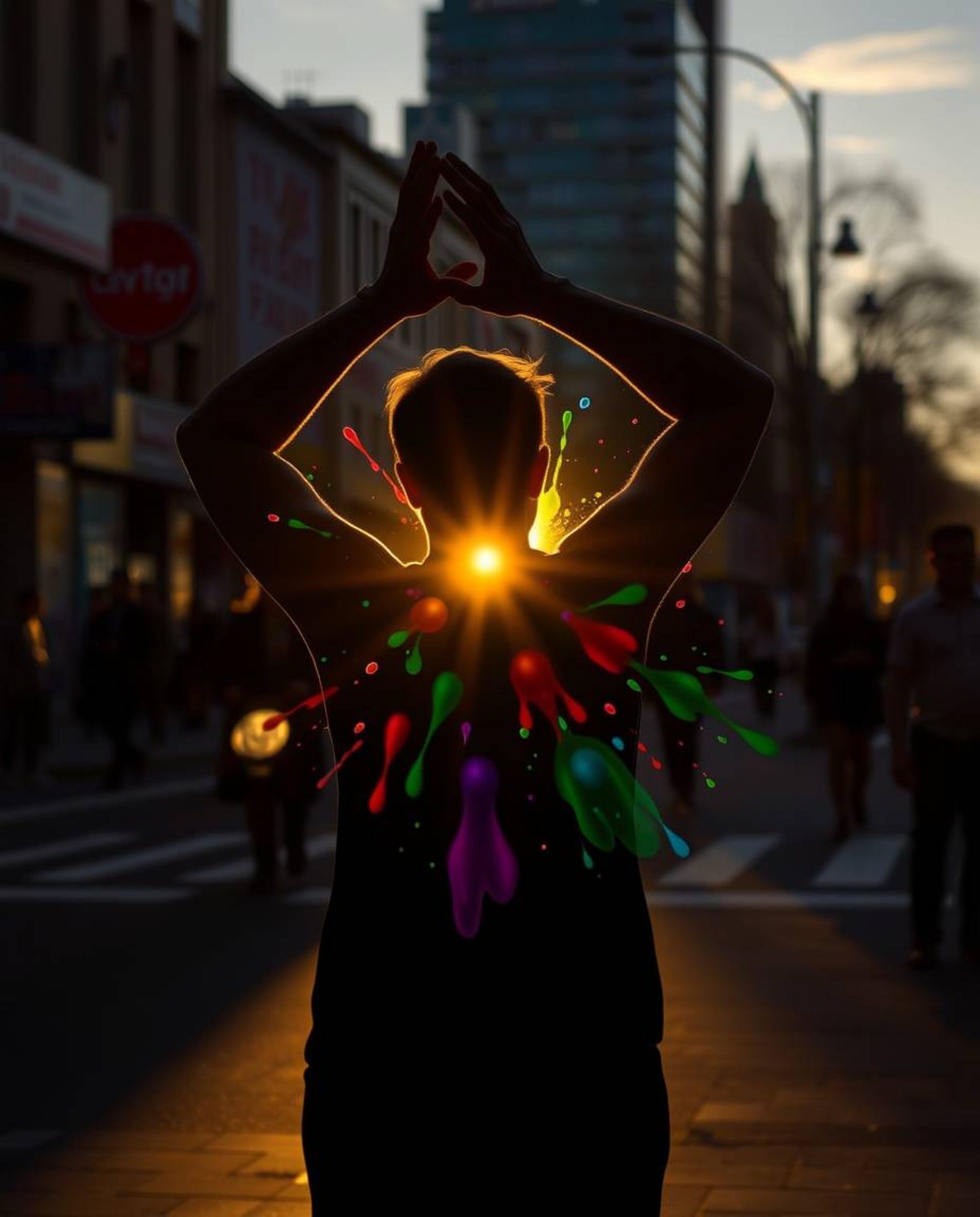 A candid street photograph capturing a vibrant urban scene during the golden hour, featuring colorful splash patterns that co