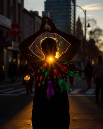 A candid street photograph capturing a vibrant urban scene during the golden hour, featuring colorful splash patterns that co
