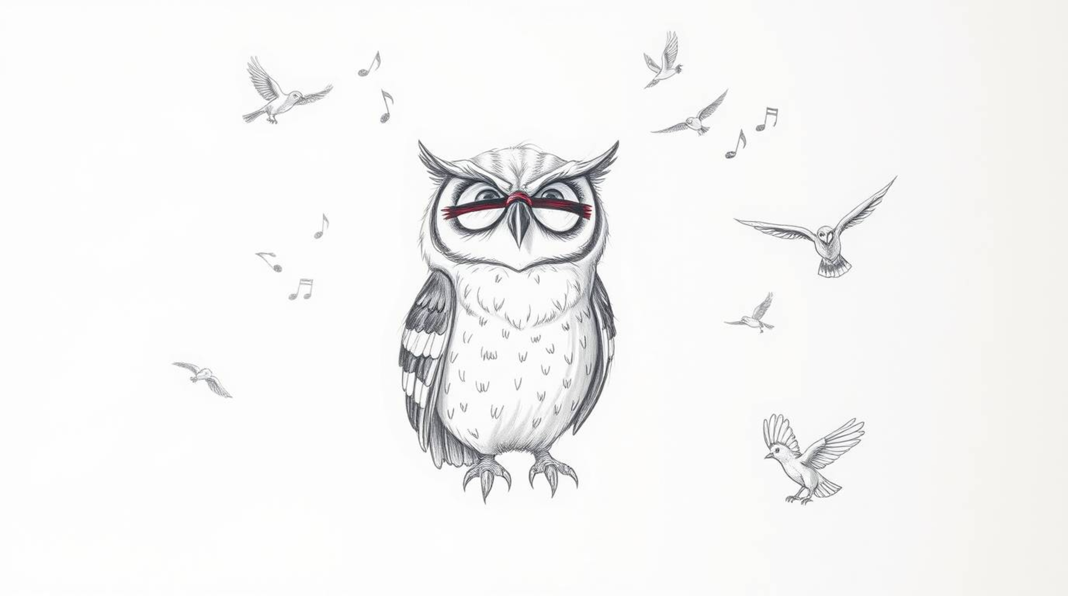 A heartwarming Pixar-style hand-drawn sketch featuring a blind owl with soft, downy feathers and expressive eyes. This inspir