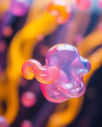 This long-exposure photograph showcases floating 3D blobs of fluid jelly, rendered in vibrant colors and synthetic textures. 