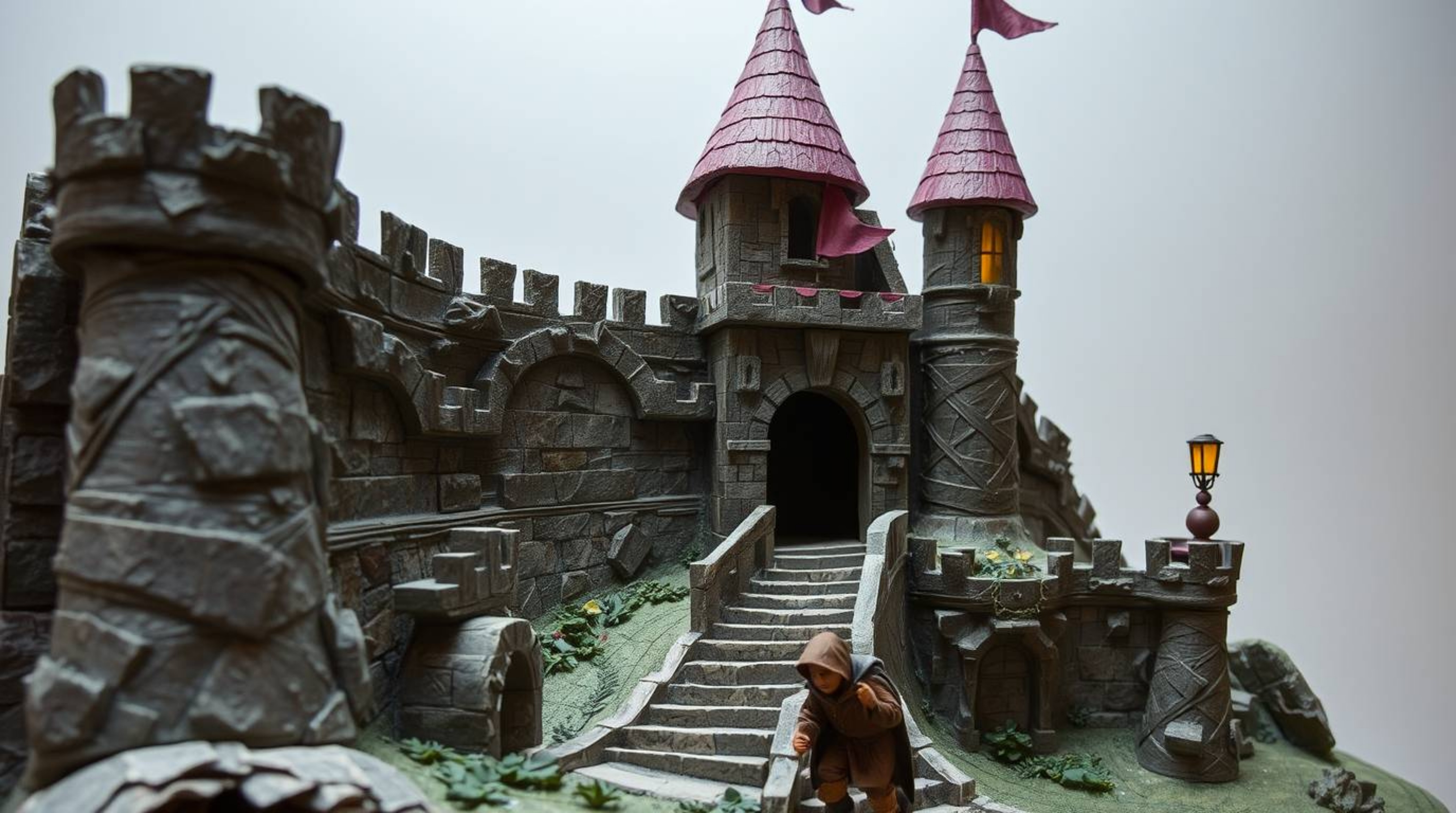 This layered papier-mâché sculpture depicts a thief stealthily infiltrating a heavily guarded castle. The artwork boasts text