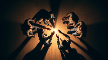 Witness a band of unlikely heroes unite in an overhead shot, bathed in intense and dramatic lighting. The distinct split comp