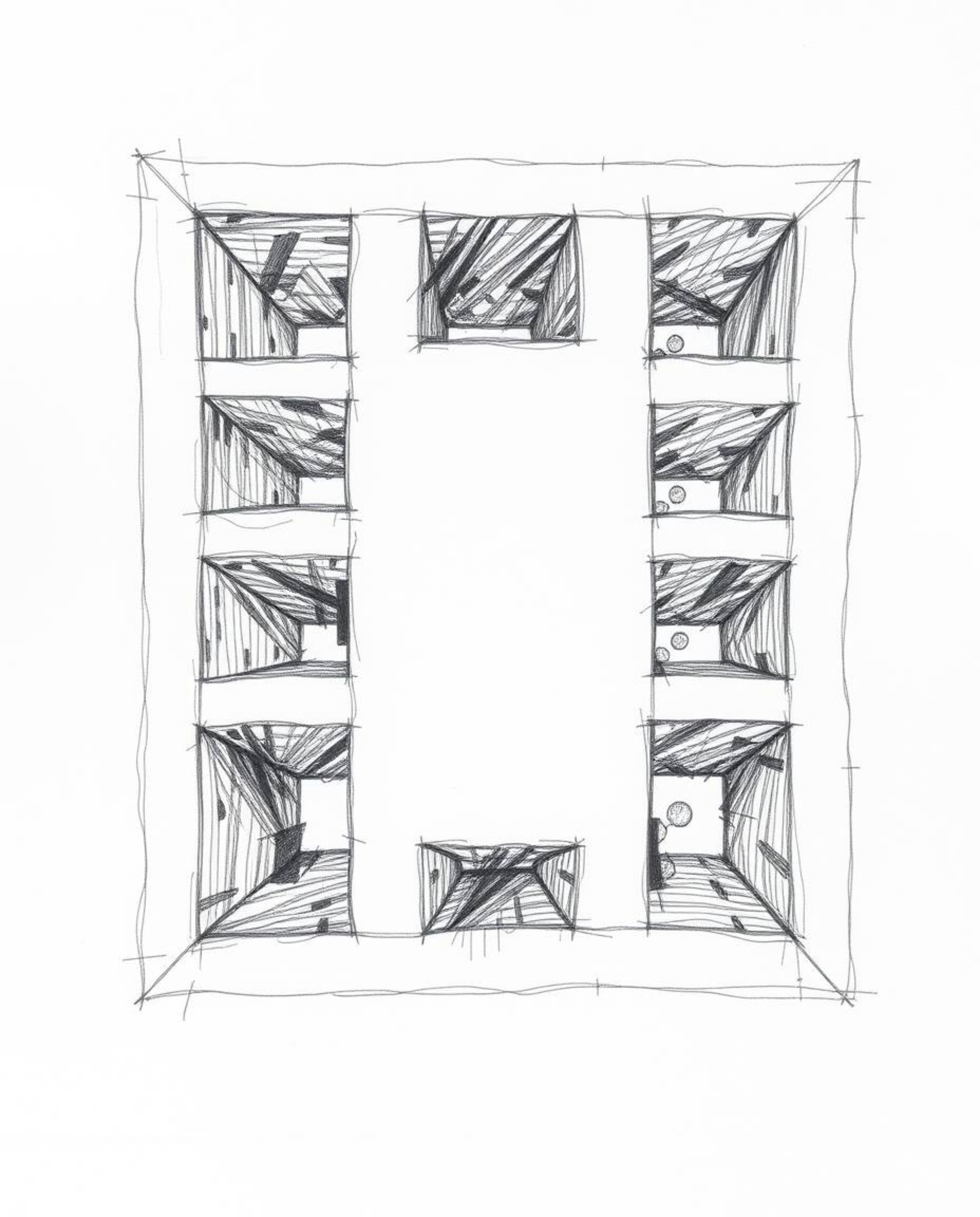 A captivating hand-drawn sketch showcases a repetitive Escher-style impossible geometry cube pattern.  The rough lines, textu