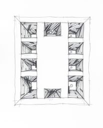 A captivating hand-drawn sketch showcases a repetitive Escher-style impossible geometry cube pattern.  The rough lines, textu