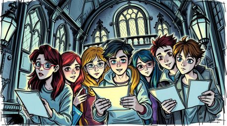 A captivating hand-drawn sketchnote depicts a group of diverse teenagers unraveling a mystery within a dimly lit, gothic-styl