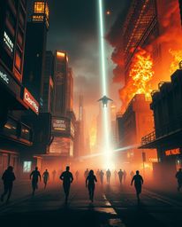 A dramatic and visually stunning depiction of a futuristic city consumed by flames, showcasing people fleeing amidst the chao