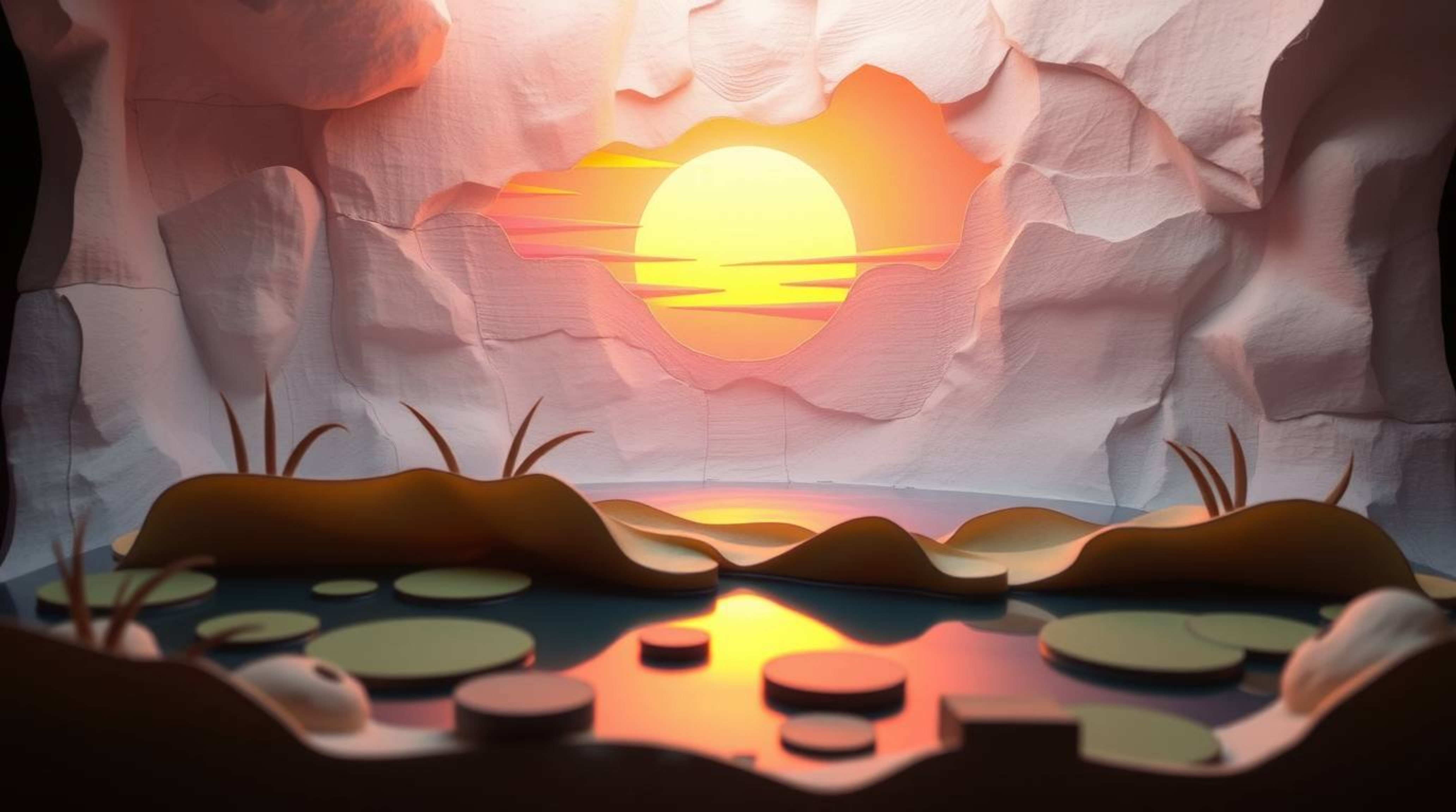 A captivating papier-mâché sculpture depicts a serene pond reflecting a vibrant sunset.  The artwork features soft, dreamy li